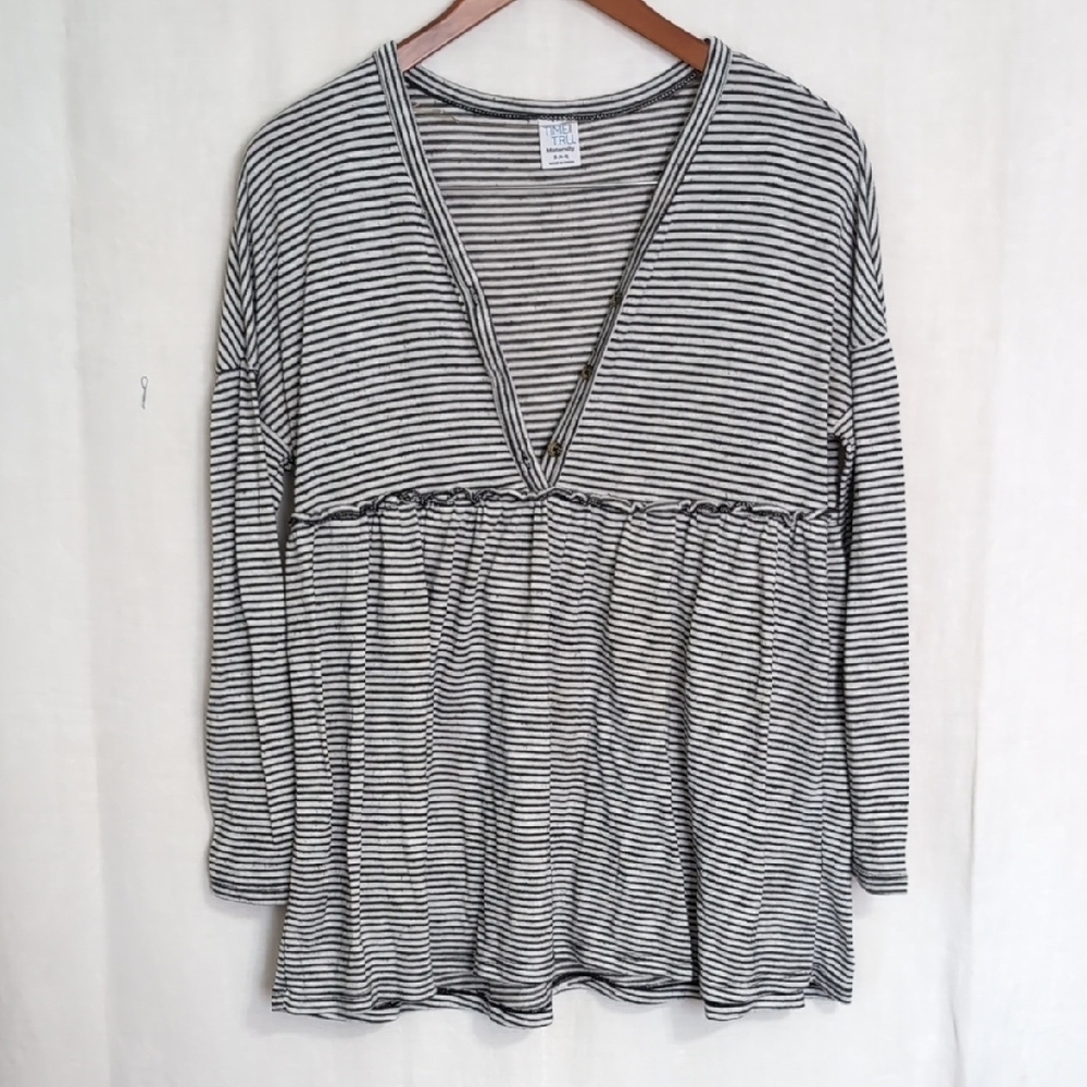 Time and True Black White Striped Long Sleeve Maternity Peplum Top Size Small